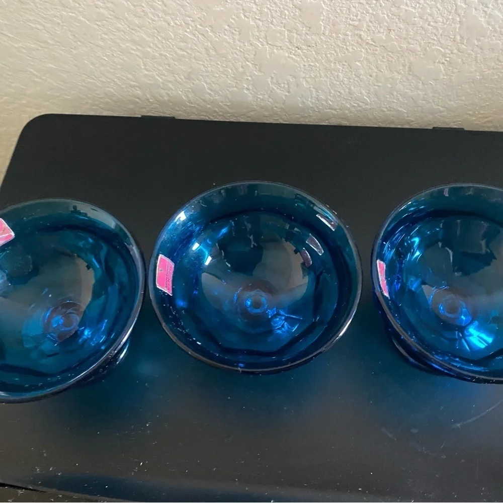 3 Viking Glass Bluenique Georgian Thumbprint Footed Blue Glass Dessert MCM Bowls